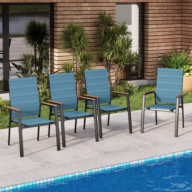 MAISON ARTS 4 Pieces Aluminium Stackable Patio Dining Chairs with Wooden Armest - Blue