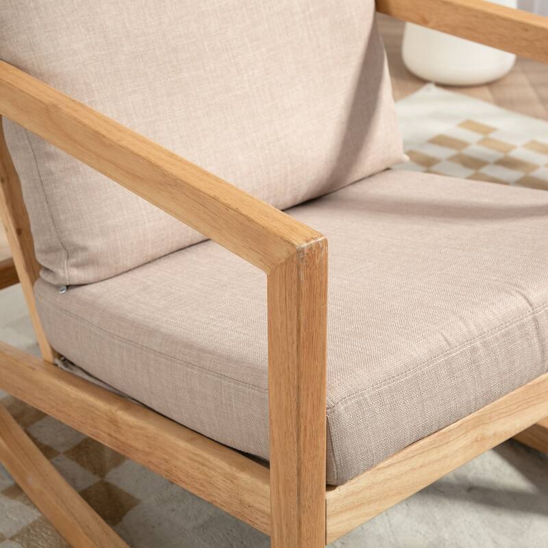 Comfortable Upholstered Glider Chair with Natural Rubberwood Frame and Khaki Finish