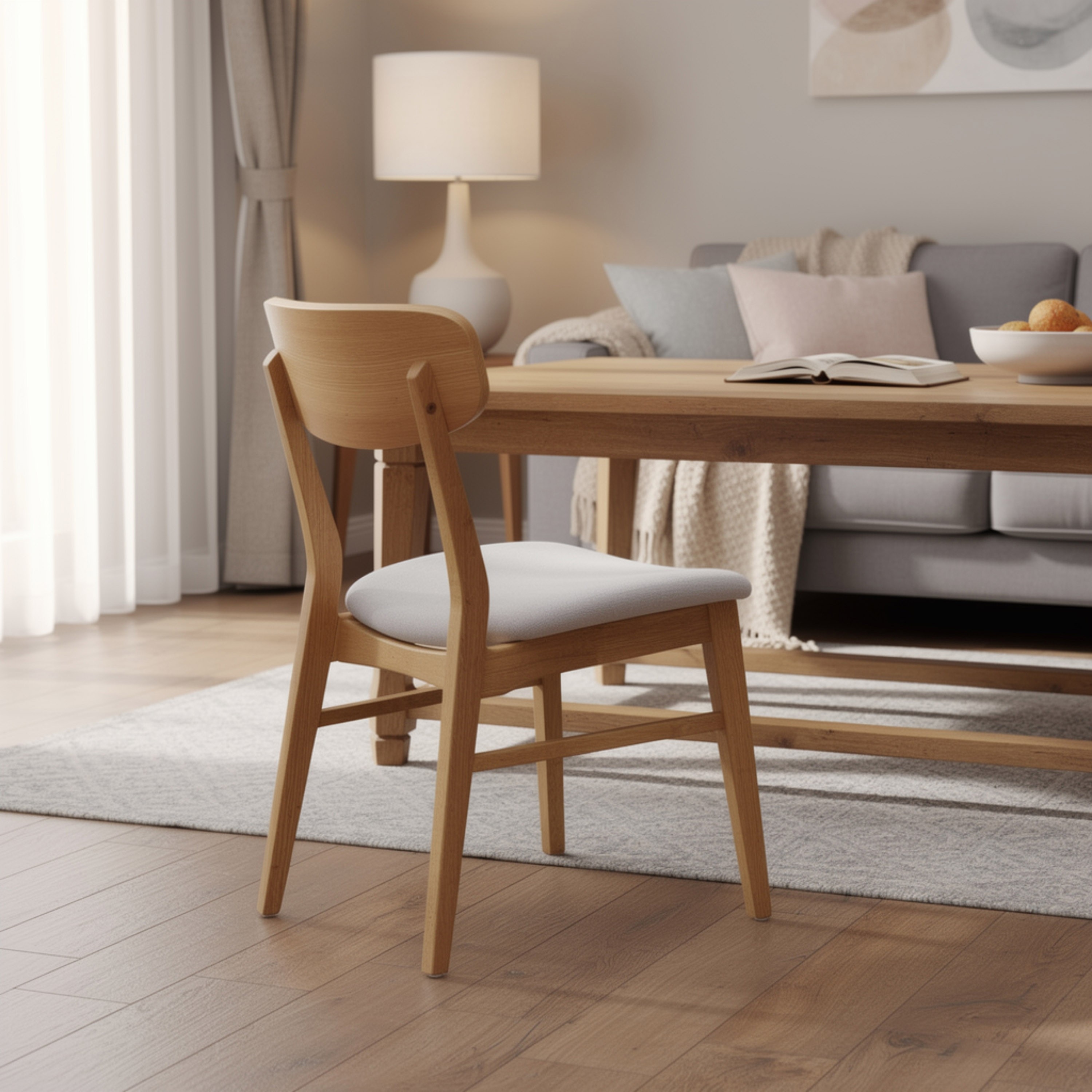 Mexy Dining Side Chair Set of 2, Open Curved, Light Beige, Brown Wood