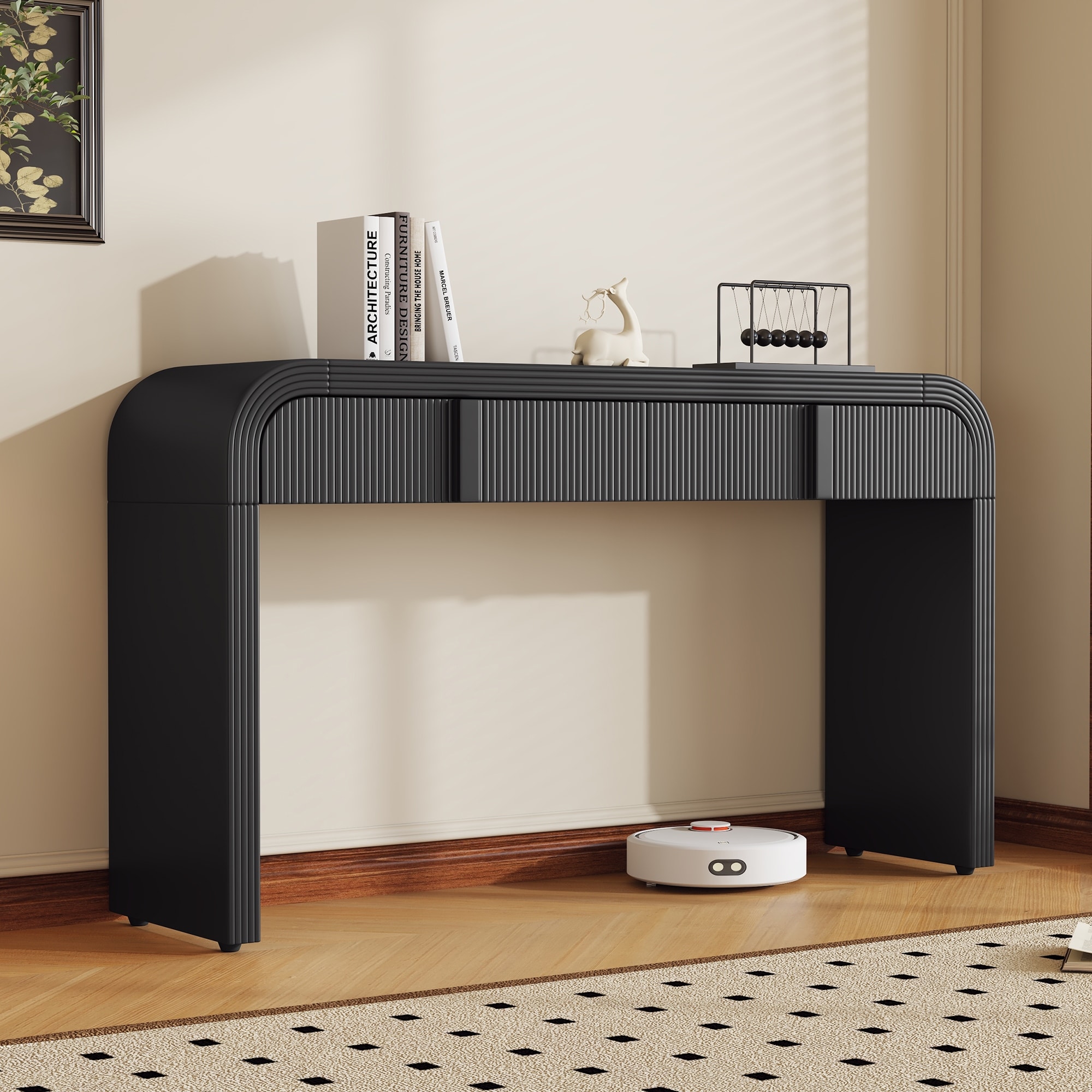 Modern Console Table with 2 Storage Drawers, Fluted Entryway Table with Rounded Silhouette for Hallway Living Room