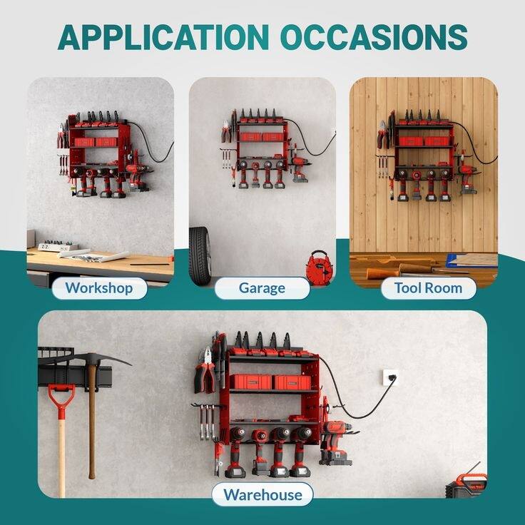 Sttoraboks Modular Power Tool Organizer, Wall Mount Garage 4 Drill Shelf Rack with hooks, 8 Outlet Power Strip