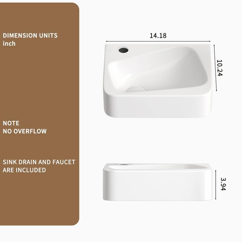 GDFStudio - Kairo Compact Modern Ceramic Wall Mounted Vessel Sink with Integrated Towel Bar, Included Faucet and Drain