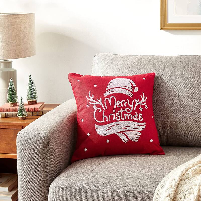 Violet Linen Seasonal Xmas Christmas Holiday Spirits Pattern Decorative Cushion Cover