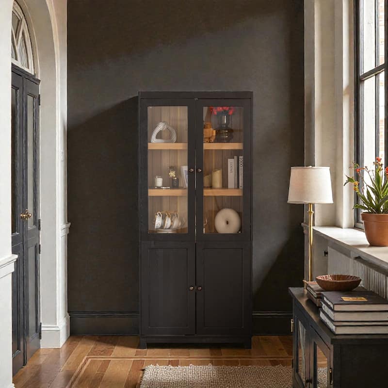 74.5'' Ash Wood Grain Display Cabinet with Glass Doors, Adjustable Shelves & Mid-Century Modern Bookcase for Living Room - Black