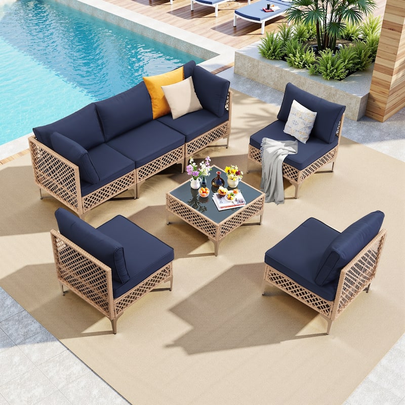 7-Piece Wicker Patio Conversation Set with Cushions,6 Sofas, 1 Table