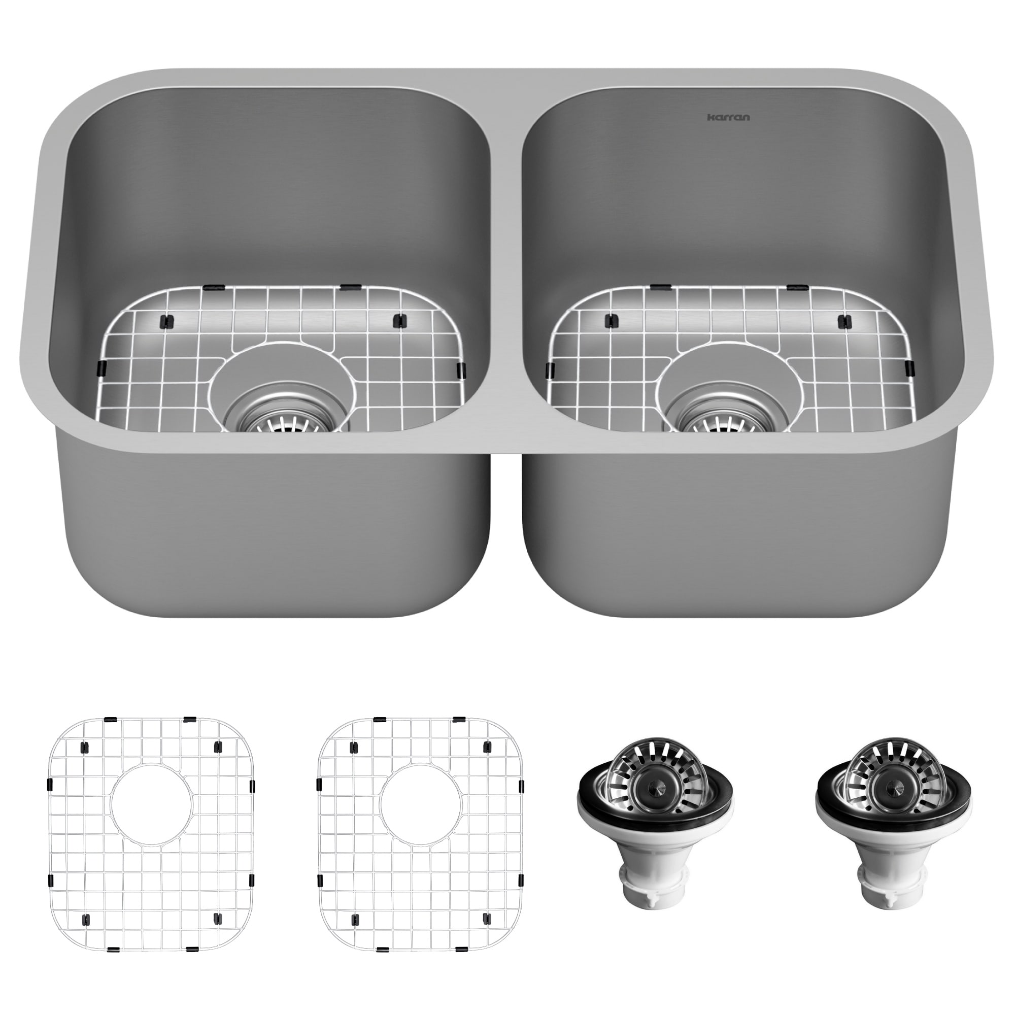Karran 32" Undermount 16-Gauge Stainless Steel 50/50 Double Bowl Kitchen Sink Kit - Silver