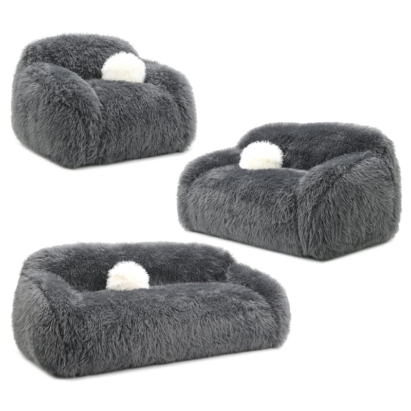 Furniture of America Cynra Modern 3-Piece Faux Fur Sofa Set with Ball Pillows - Dark Grey