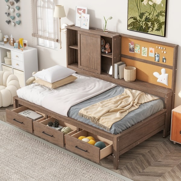 slide 2 of 26, Twin Lounge Daybed with 3-Drawers, Cork Board, USB Ports and Storage Shelves, Antique Wood Antique Wood