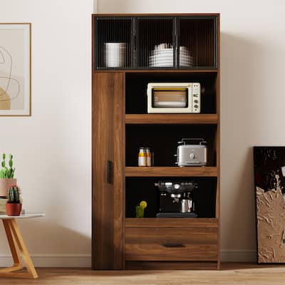 70.87" Tall Kitchen Pantry Cabinet with Pull-Out Multi-Tier Shelf & Aluminum Frame Glass Door