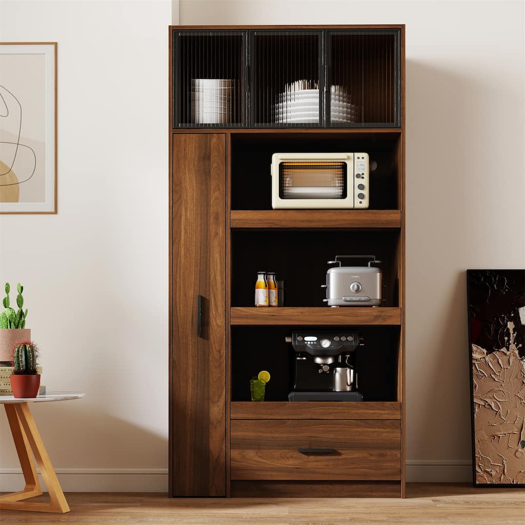 70.87" Tall Kitchen Pantry Cabinet with Pull-Out Multi-Tier Shelf & Aluminum Frame Glass Door