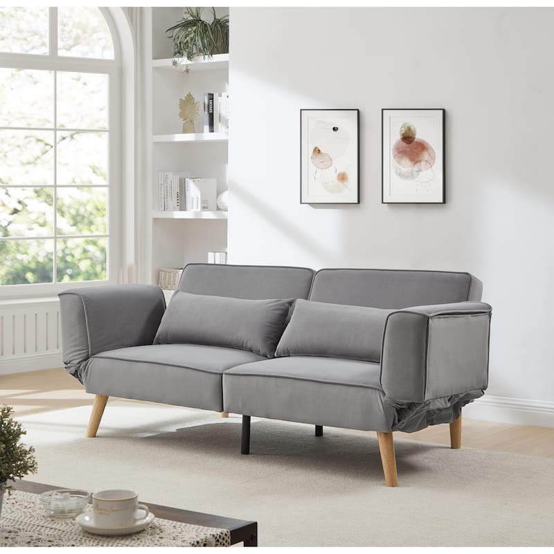 Futon Sleeper Sofa Bed Velvet Recliner Sofa Loveseat Couch with Adjustable Armrests, Splitback Recline and Pillows - Grey