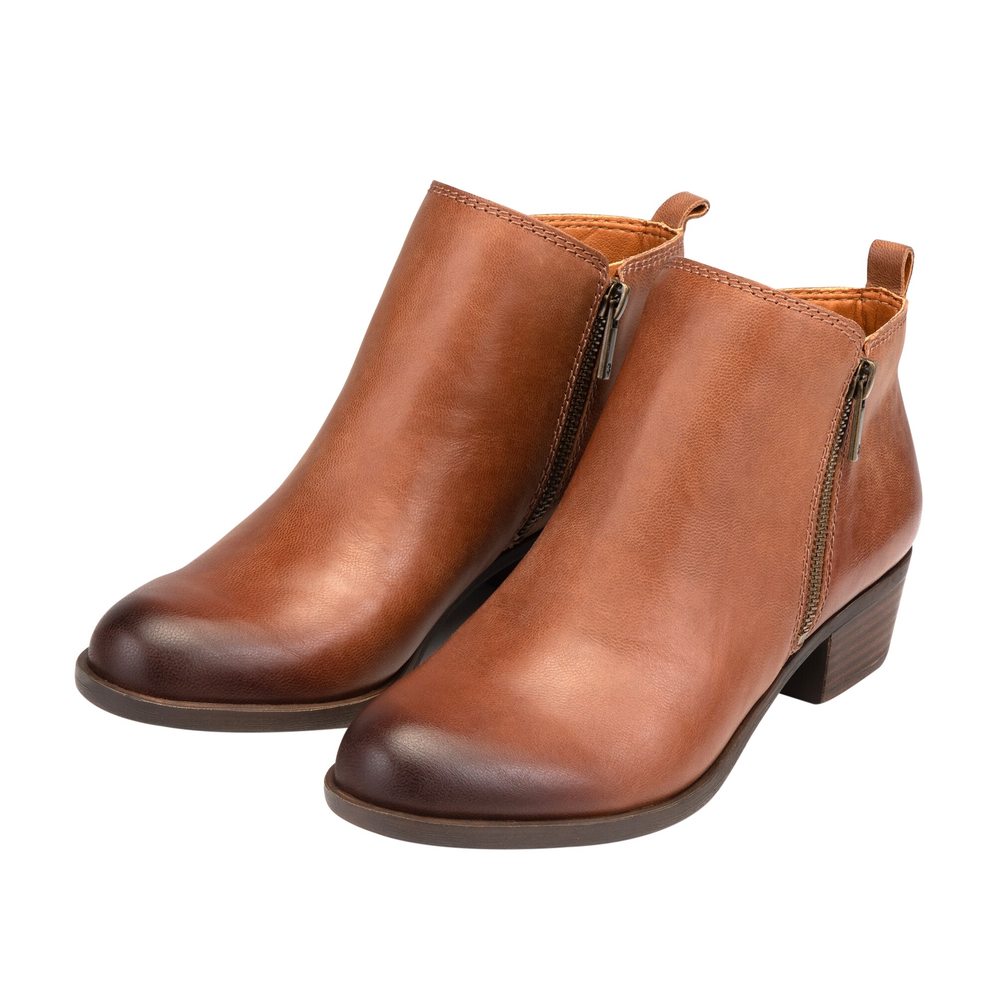 brown leather booties low heel