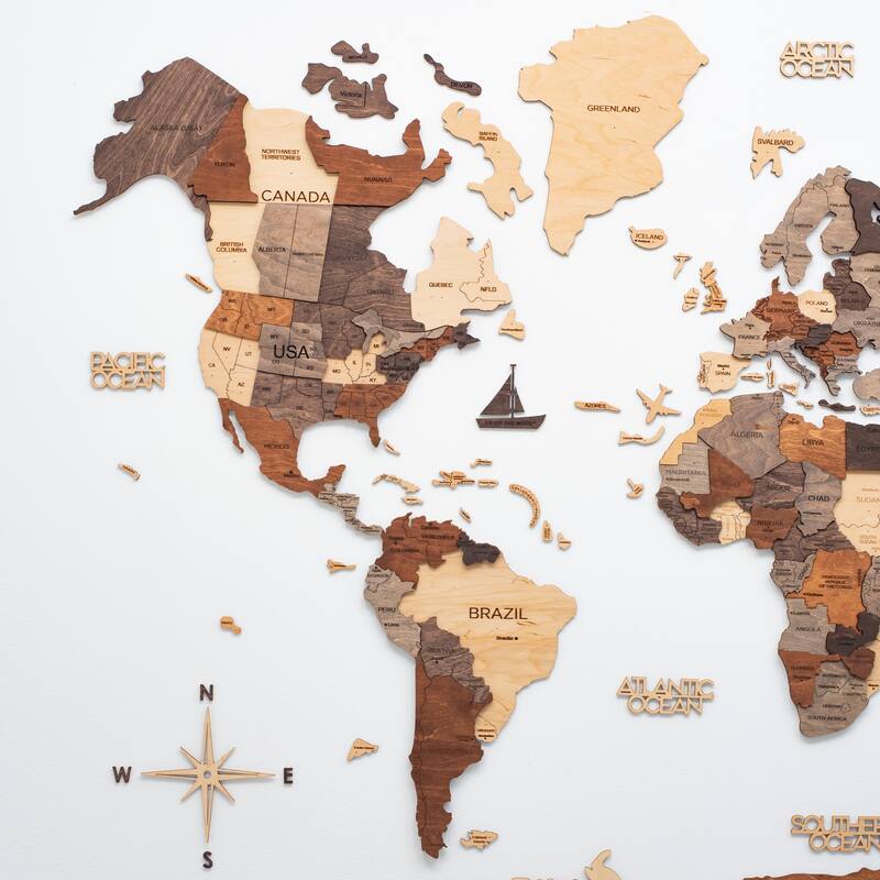 HomeRoots 35" X 59" Brown and Beige Wood World Map Hanging Dimensional Sculpture