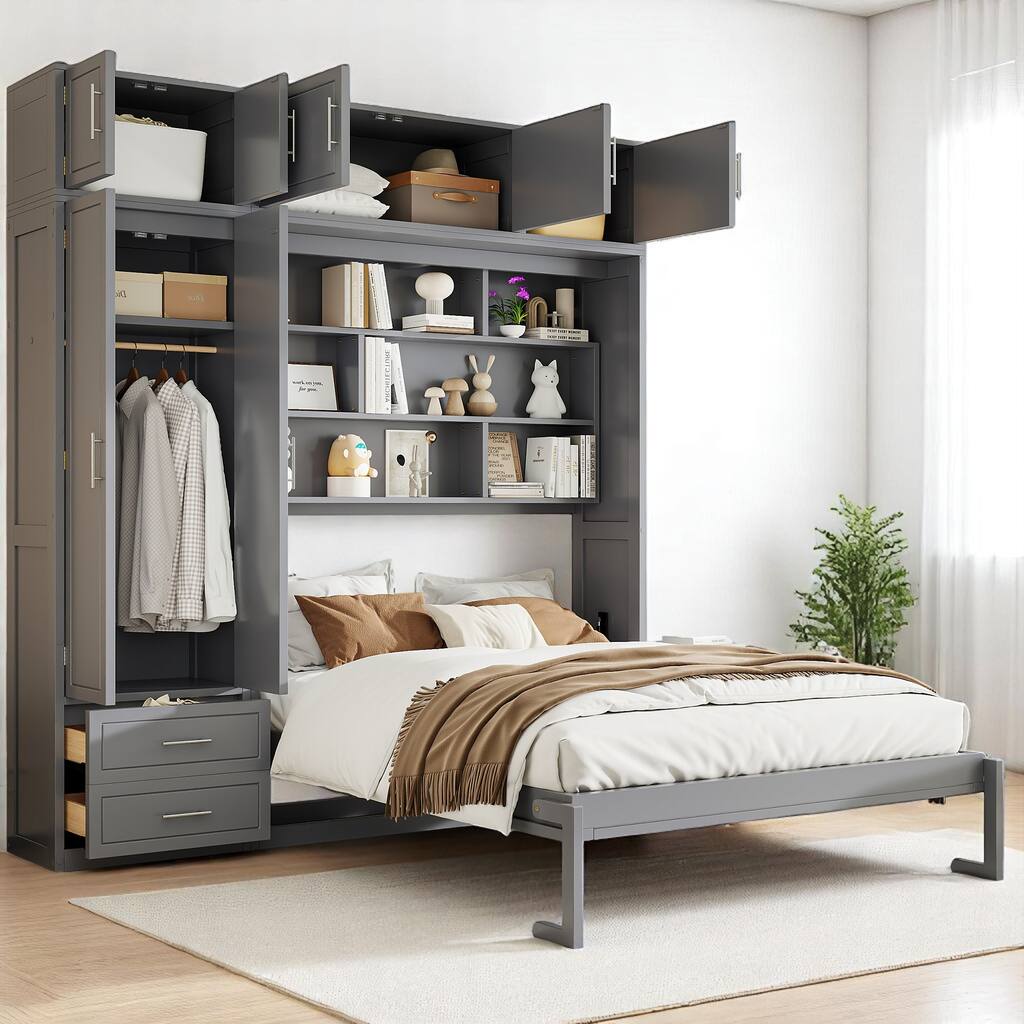 Foldable Queen Size Murphy Bed with Wardrobe, Top Cabinets & Storage Drawers - Wall Bed Design