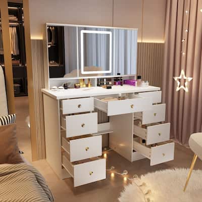 Spacious Vanity Desk with Mirrored Storage Cabinets - A Beauty Oasis