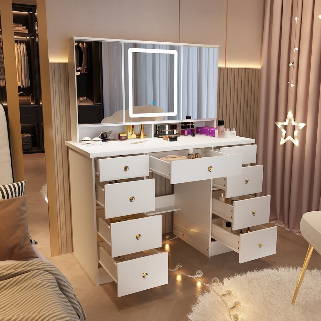 White Makeup Vanity Desk with LED Lighted Mirror, Adjustable Tri-Color Lighting, Vanity Table with Drawers & Storage Shelves