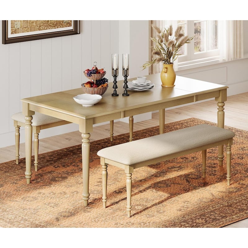 3-Piece Dining Table Set, Wood Dining Table & 2 Padded Benches, Oak
