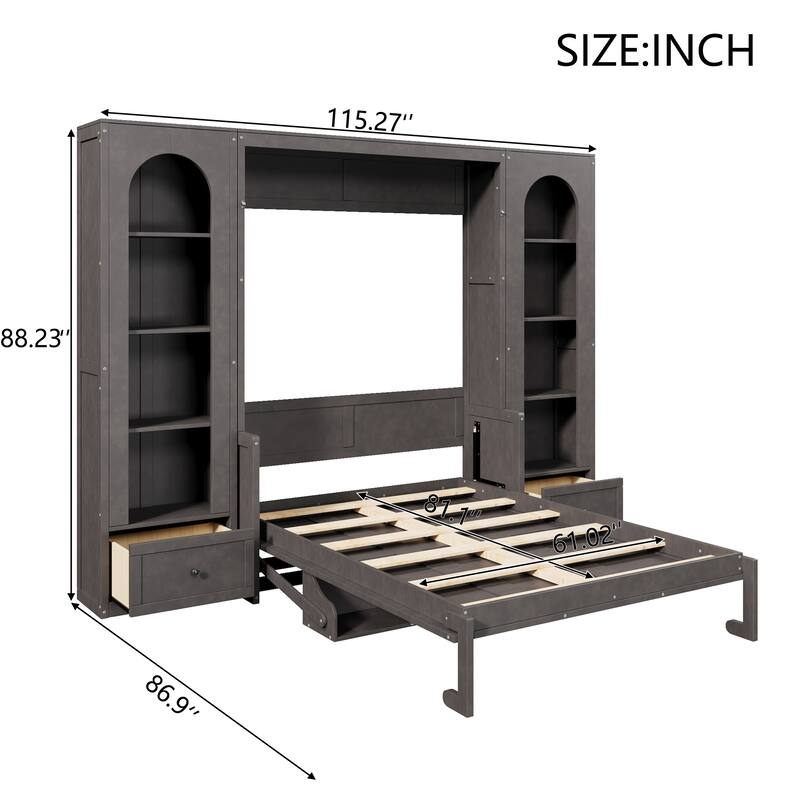 GDFStudio - Modern Wooden Queen Murphy Platform Bed with Side Cabinets, Drawers and LED