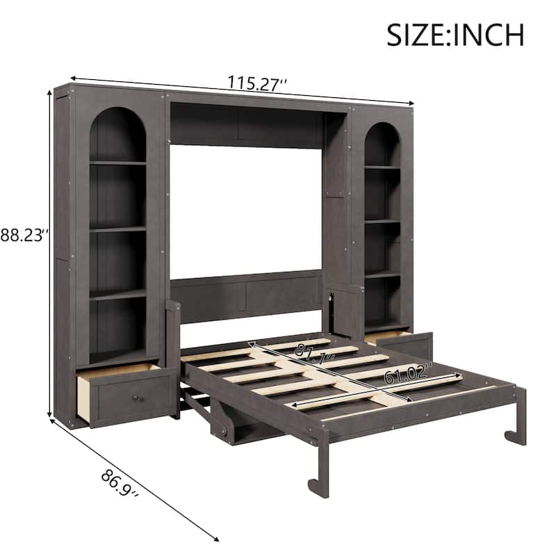 Queen Size Murphy Bed with 2 Arched Cabinets Shelf Built-in Light Strips