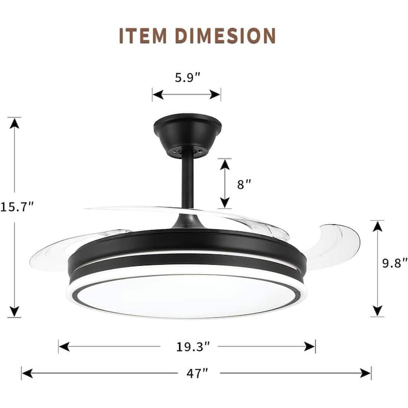 47 Inch Retractable Ceiling Fans with Lights, Modern LED Ceiling Fan Lights with Remote Control