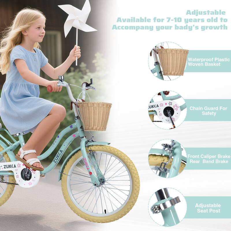 Girls 20 Inch Bike with Basket, Steel Frame, Front & Rear Brakes, For Kids Ages 7-10, No Training Wheels