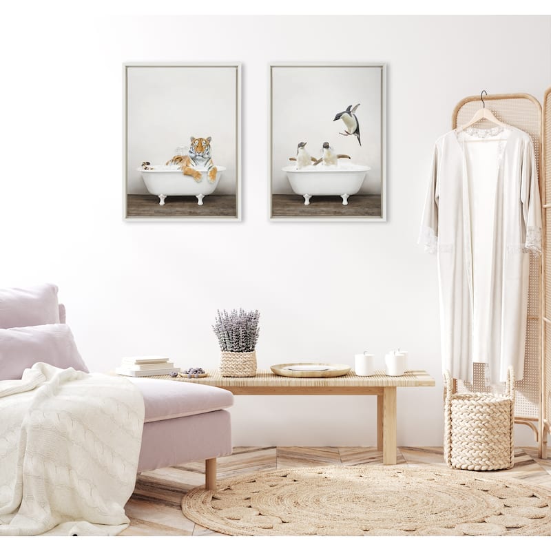 Kate and Laurel Sylvie Penguins Bath Framed Canvas by Amy Peterson