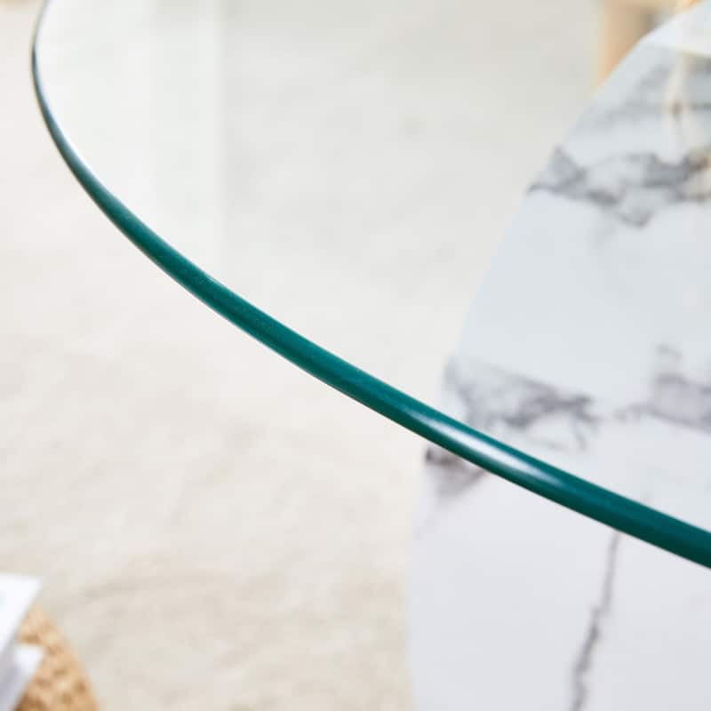 GDFStudio Marlowe Tempered Glass Coffee Table with Marble and Wood Texture Dual Base