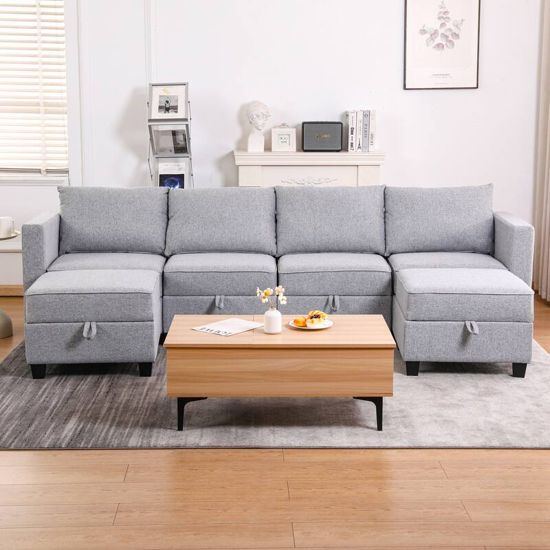 110.3" Burlap U-Shaped Modular Sectional Sofa with Sleeper & Storage