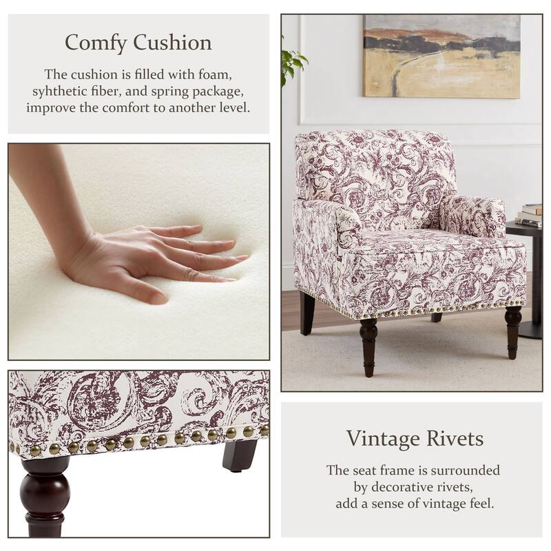 Striped Upholstered Linen Armchair with Brass Nailhead Trim