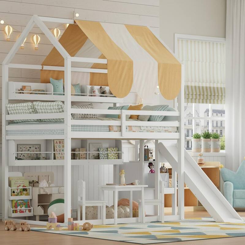 Full Size Loft Bed with Slide, Storage & Striped Canopy Roof by Harper&Bright Designs - White