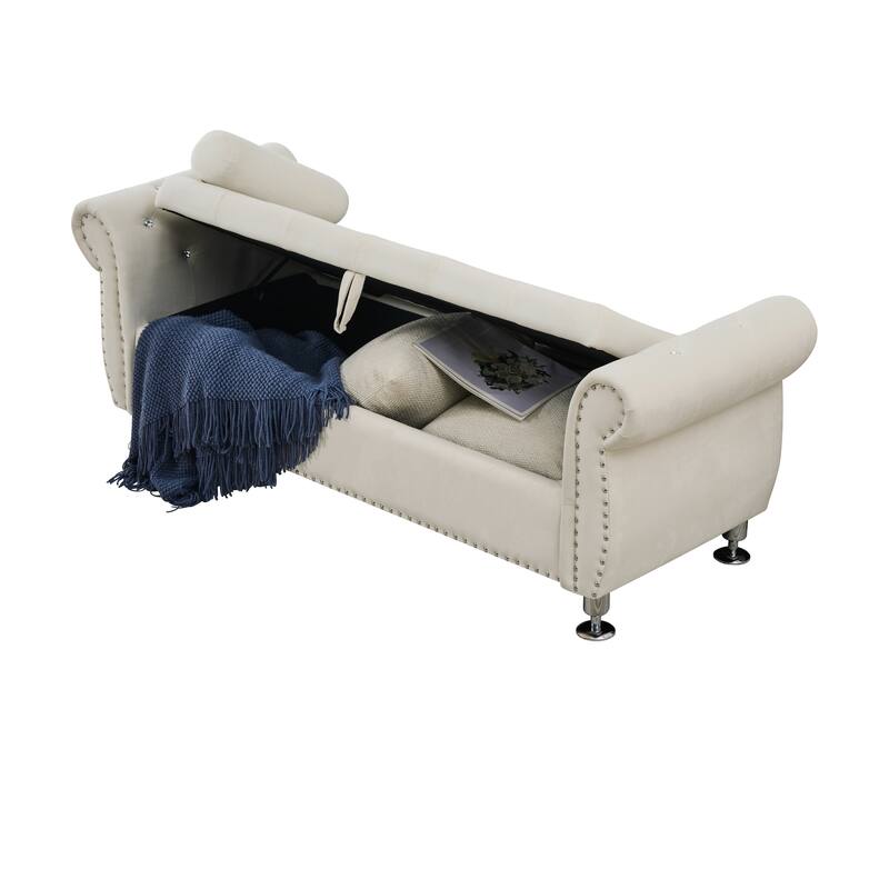 Velvet Storage Bench 62.2 Inch Upholstered Tufted Ottoman Bench with Rolled Arms, Large End of Bed Bench with Rivet Decoration