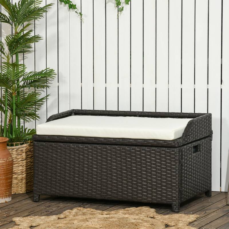 Outdoor Wicker Storage Bench Deck Box Pool Container Storage Box with Interior Waterproof Bag 2 Side Handles and Cushion