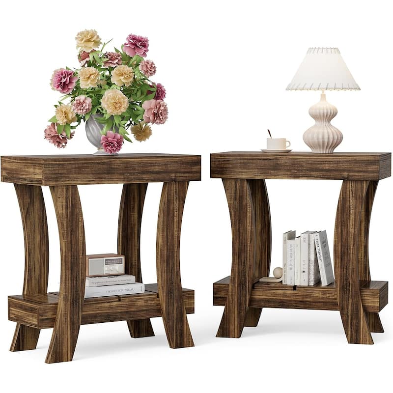 2-Tier Narrow Side Table with Storage Shelf, Rectangular End Table, Small Night Stand for Bedroom, Living Room, Small Spaces - 2 pcs - Dark Brown
