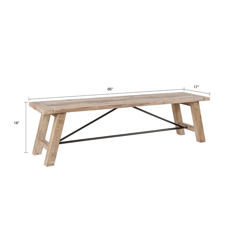 Roomfitters 66-Inch Solid Pine Dining Bench, Weathered Natural Finish with Gunmetal Accents