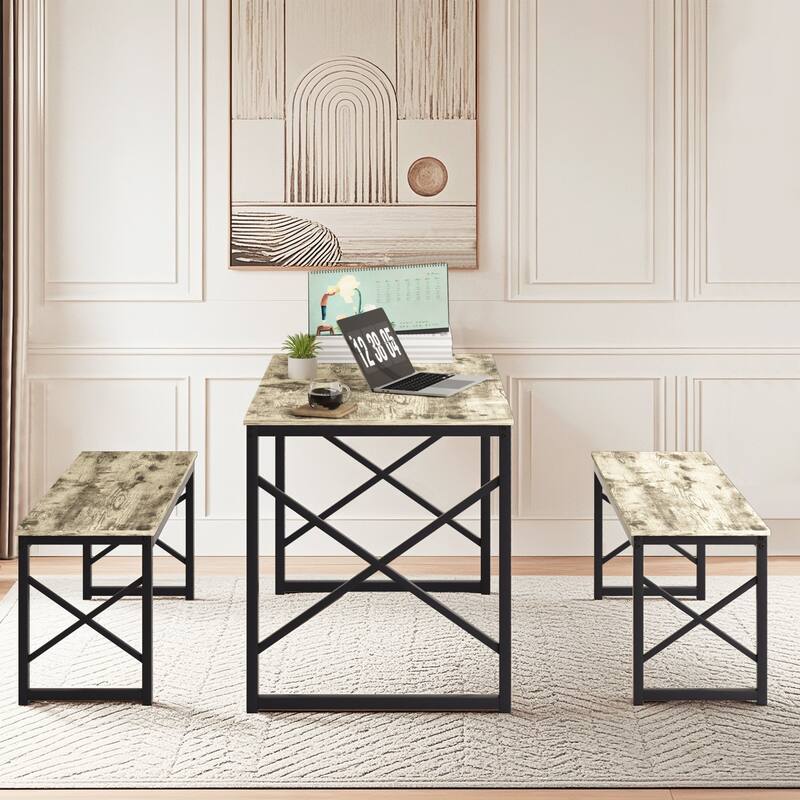 Javlergo Industrial Grey 3-Piece Dining Table Set with 2 Benches X-Frame Design Space Saving Kitchen Table Set for 4 People