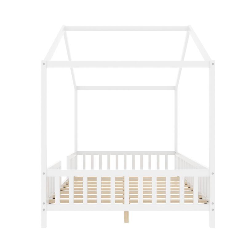 House-Shaped Full Bed Frame with Canopy and Railings for Kids, White
