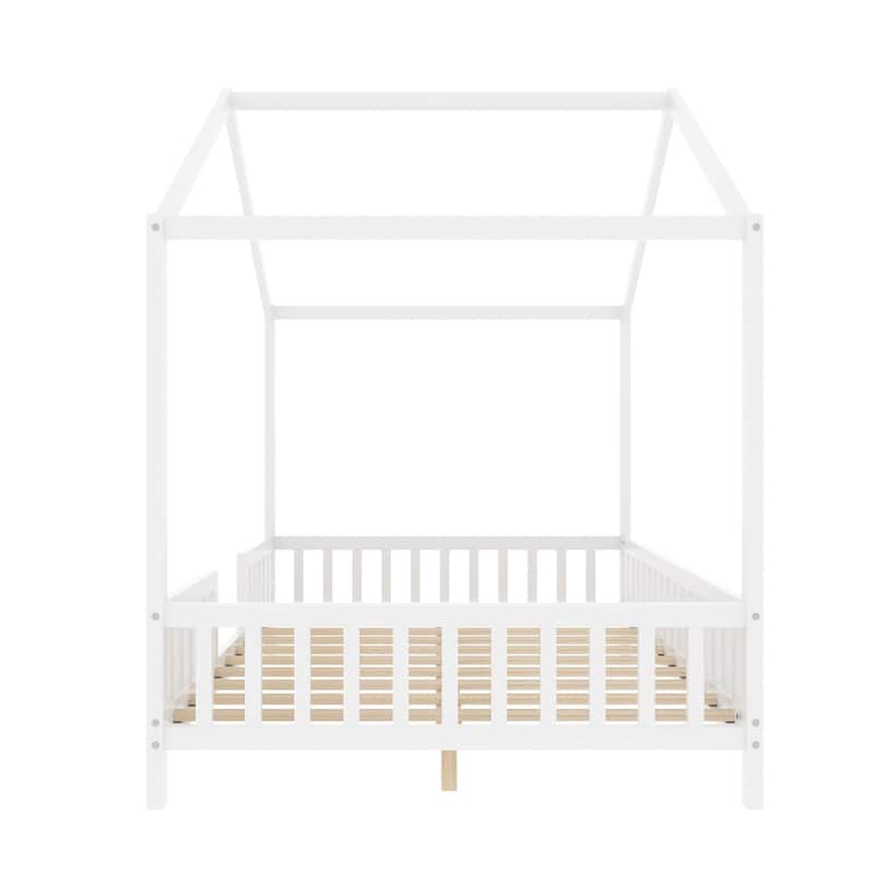 Montessori Bed, House-shape Frame Platform Bed for Kids Toddler, Wood House Daybed with High Railings and Roof, Canopy Bed Frame