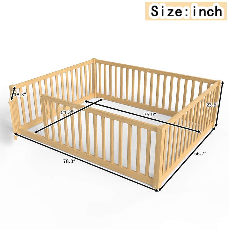 Montessori Floor Bed with Safety Guardrails & Door, Kids Low Profile Frame, Available in Queen/Full/Twin