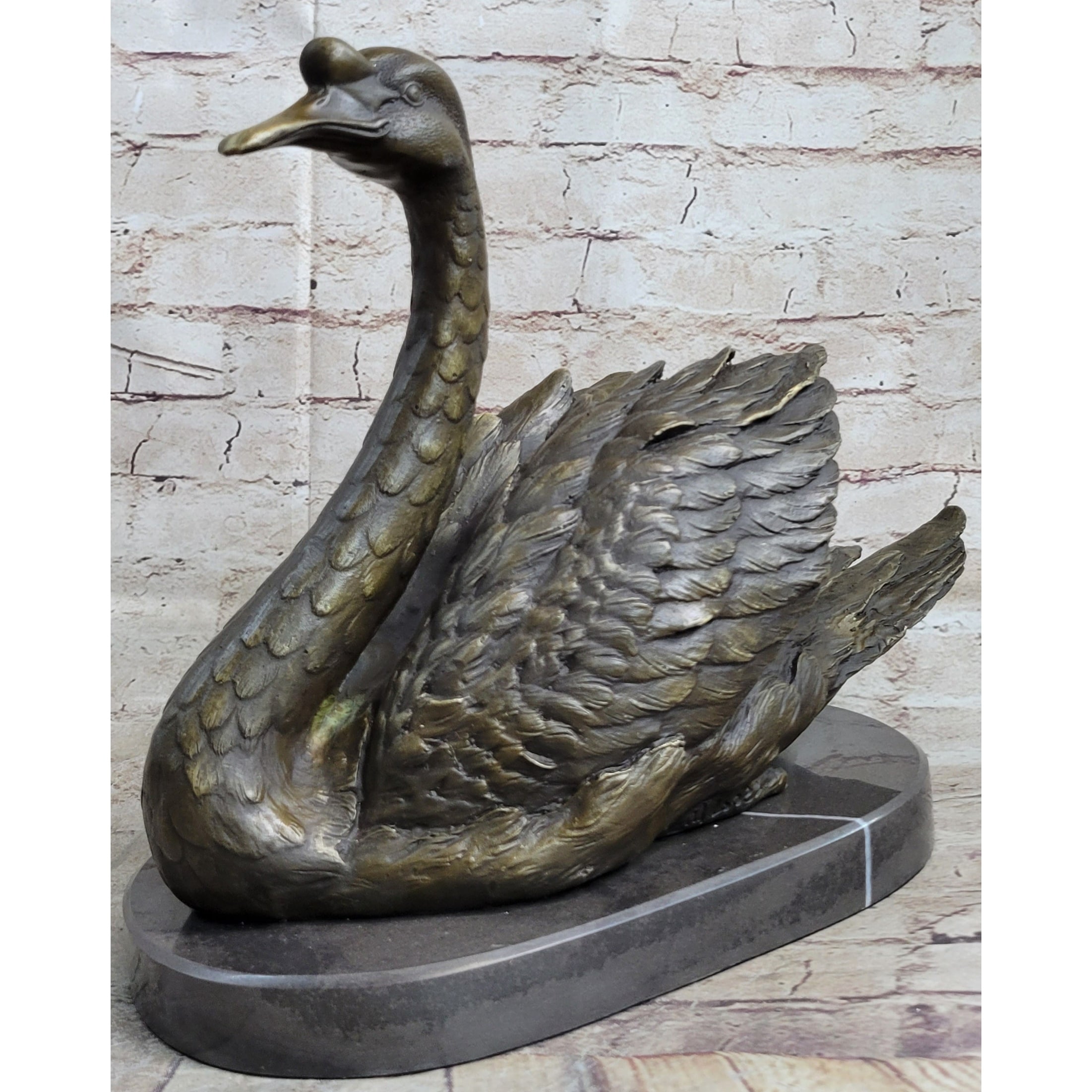 Bronze Metal Swan Bird Sculpture Statue Figure Decor On Marble Base Signed Original