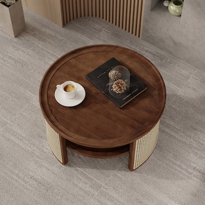 2-Tiered Round Wood Coffee Table with Storage