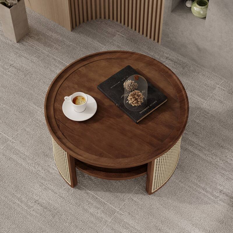 31.3" Rustic Round Wooden Coffee Table with Storage Rattan Base for Living Room