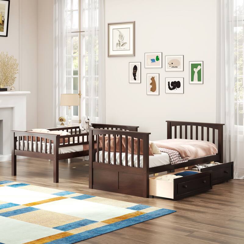 Twin over Twin Bunk Bed with 2 Drawers & Convertible Design，400lb Capacity