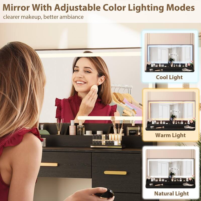 45.9" Vanity Desk with LED Mirror, Power Outlet, 7 Drawers