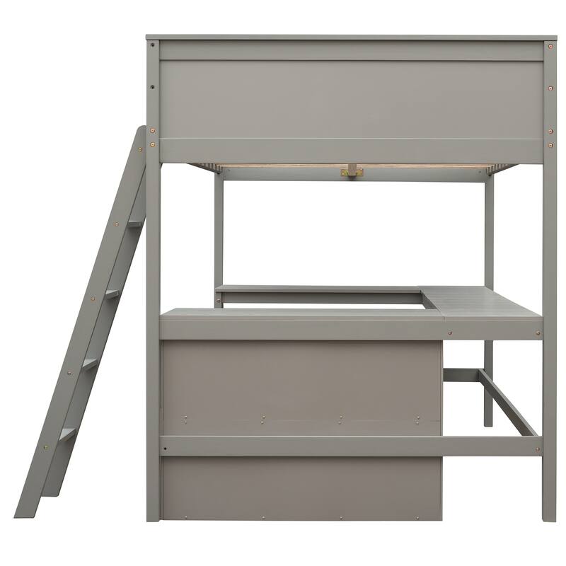 Gray Full Loft Bed with Built-In Desk and Shelves, Sturdy Pine Wood Frame