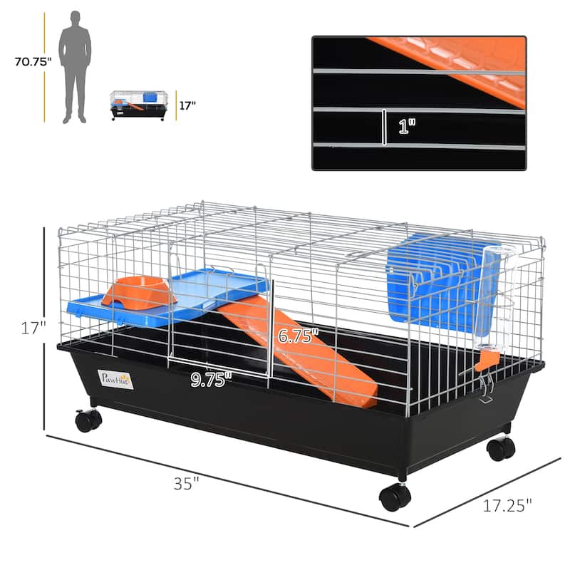PawHut 35"L Small Animal Cage, Rolling Bunny Cage, Guinea Pig Cage with Food Dish, Water Bottle, Hay Feeder, Platform
