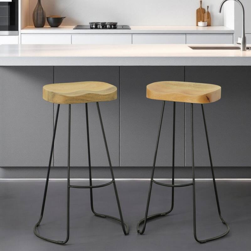 Set of Two 31" Chestnut and Black Solid Wood and Steel Backless Bar Height Bar Chairs