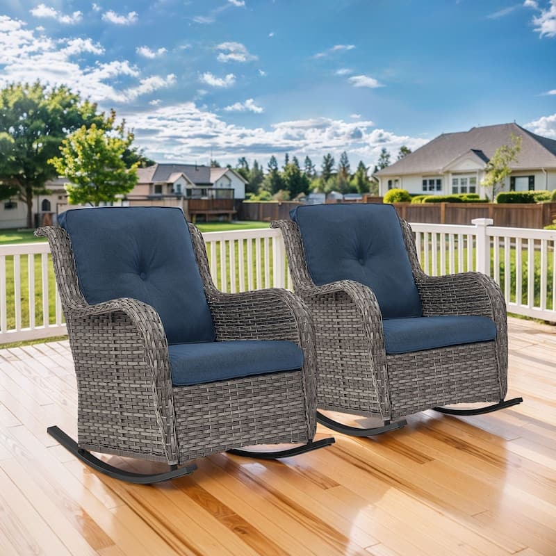 Gymojoy Comfortable PE Rattan Wicker Outdoor Rocking Chair Set of 2 - 2-Piece - Grey Wicker / Blue Cushion