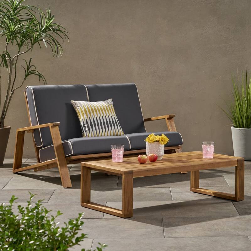 2-Piece Outdoor Acacia Wood Loveseat Sofa Chair Set with Coffee Table - Grey/Teak