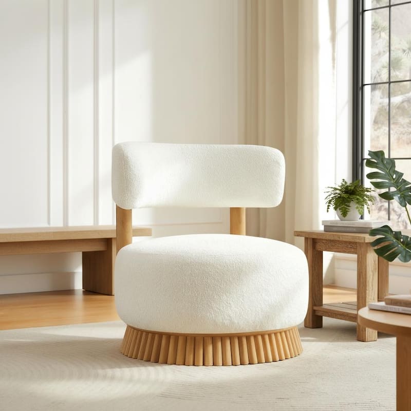 Modern Farmhouse Bouclé Armless Chair with Straw-Inspired Wood Base by Harper&Bright Designs - Beige