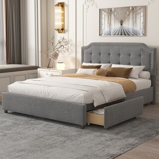Queen Size Upholstered Platform Bed with Classic Headboard and 4 Drawers